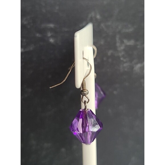 Silver Tone Metal Purple Beaded Dangling Pierced Earrings Vintage - Picture 4 of 10